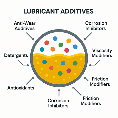 Vector schematic showing a cut-away circle of oil with colored dots for each additive and labeled arrows around it indicating Anti-Wear Additives, Detergents, Antioxidants, Corrosion Inhibitors, Viscosity Modifiers, and Friction Modifiers.